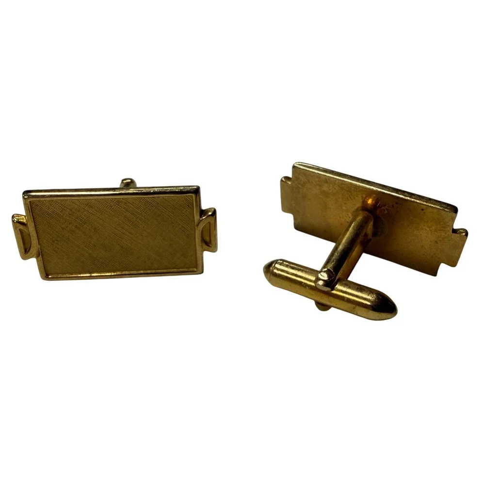 Vintage Gold Tone Textured Rectangular Toggle Back Cufflinks Mens Formal Jewelry